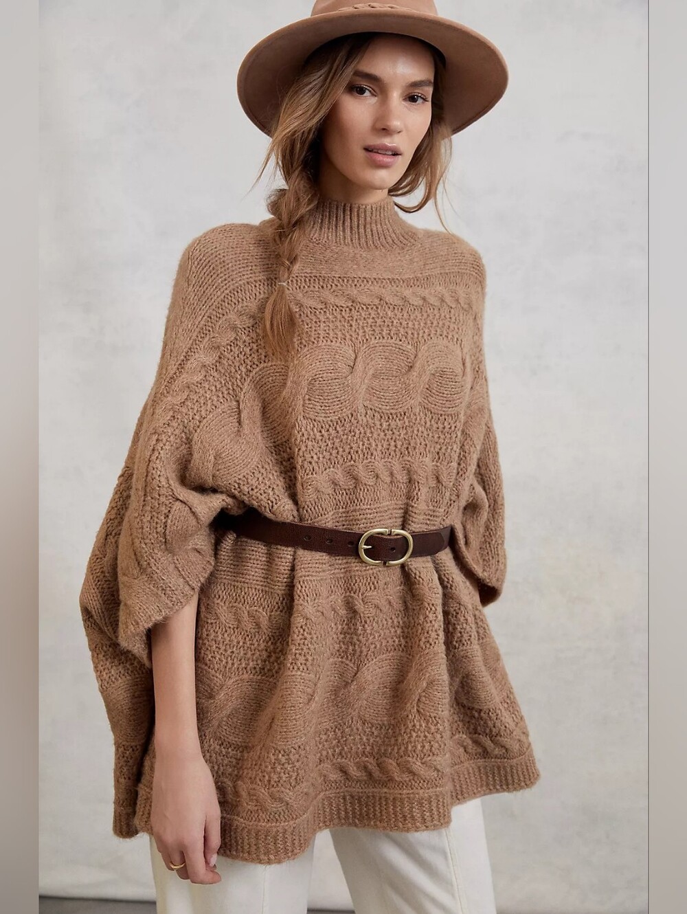 Anthropologie Rosamund Cable Knit Poncho Sweater Brown Asymmetrical Size L Fall